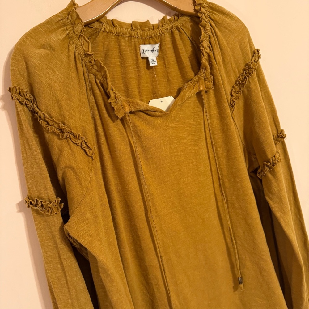 NWT Mustard Ruffle Peasant Top - Picture 3 of 6
